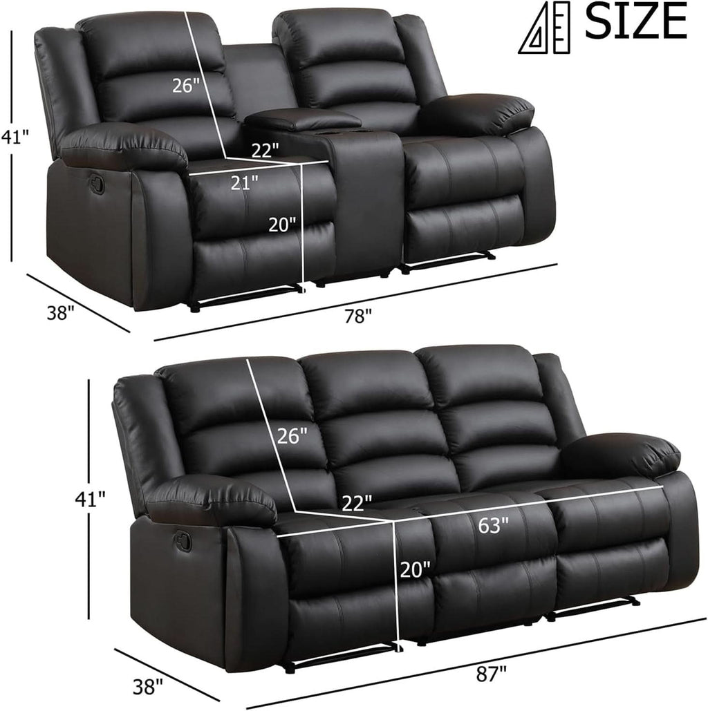 Black Faux Leather Manual Recliner Sofa Set With Loveseat