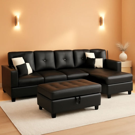 Black Faux Leather Sectional Sofa Set With Ottoman