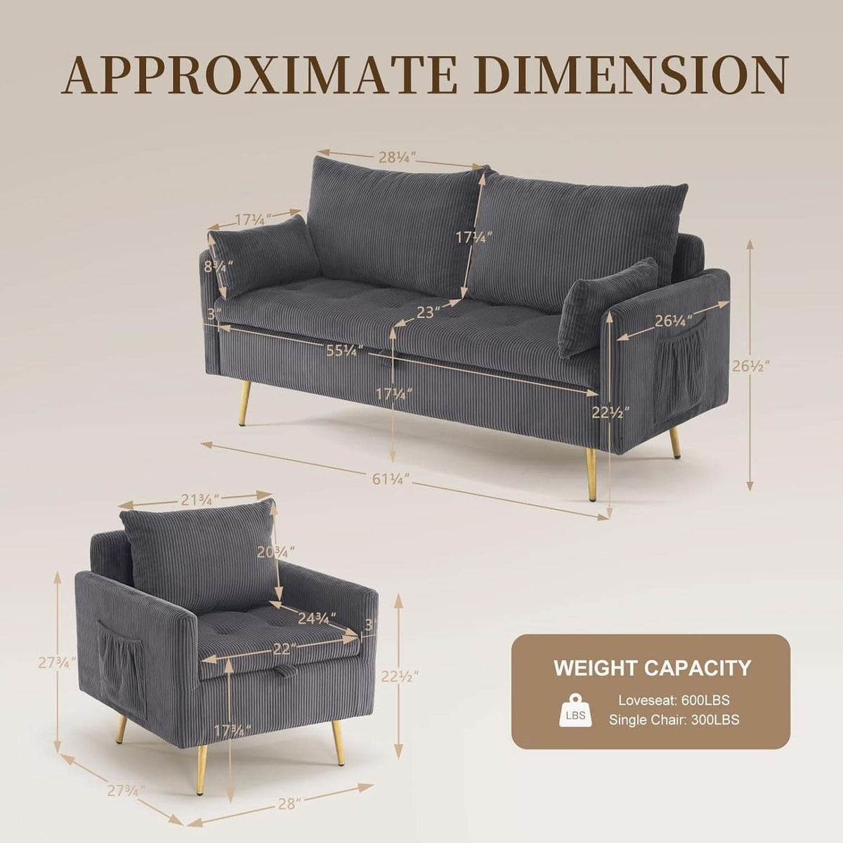 3 Piece Storage Sofa Set With Corduroy Gray Loveseat