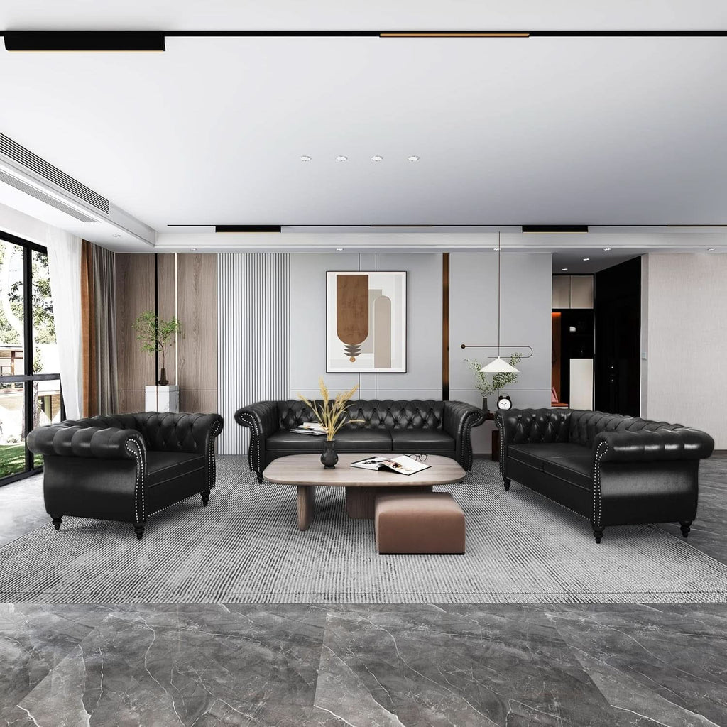 3 Piece Living Room Set Sectional Chesterfield Sofa Chair Artificial Leather Black