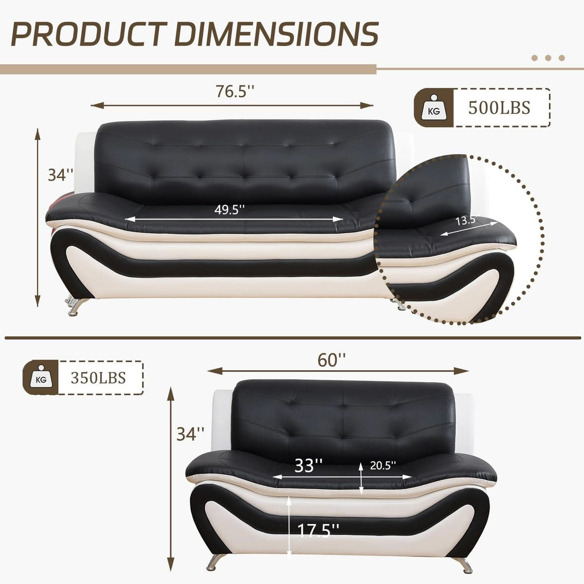 Faux Leather Sofa And Loveseat Set 2 Piece White And Black