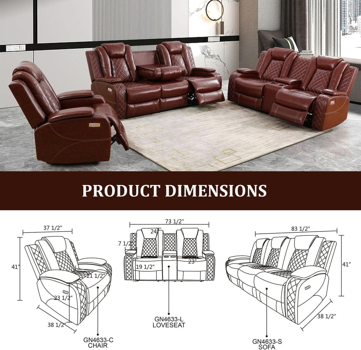 Power Reclining Leather Sofa Set With USB Ports Burgundy
