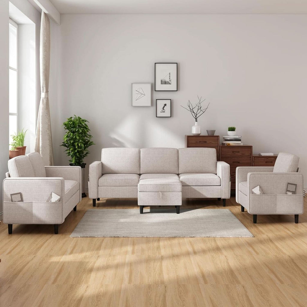 Beige 6 Seater Sectional Sofa With Movable Ottoman