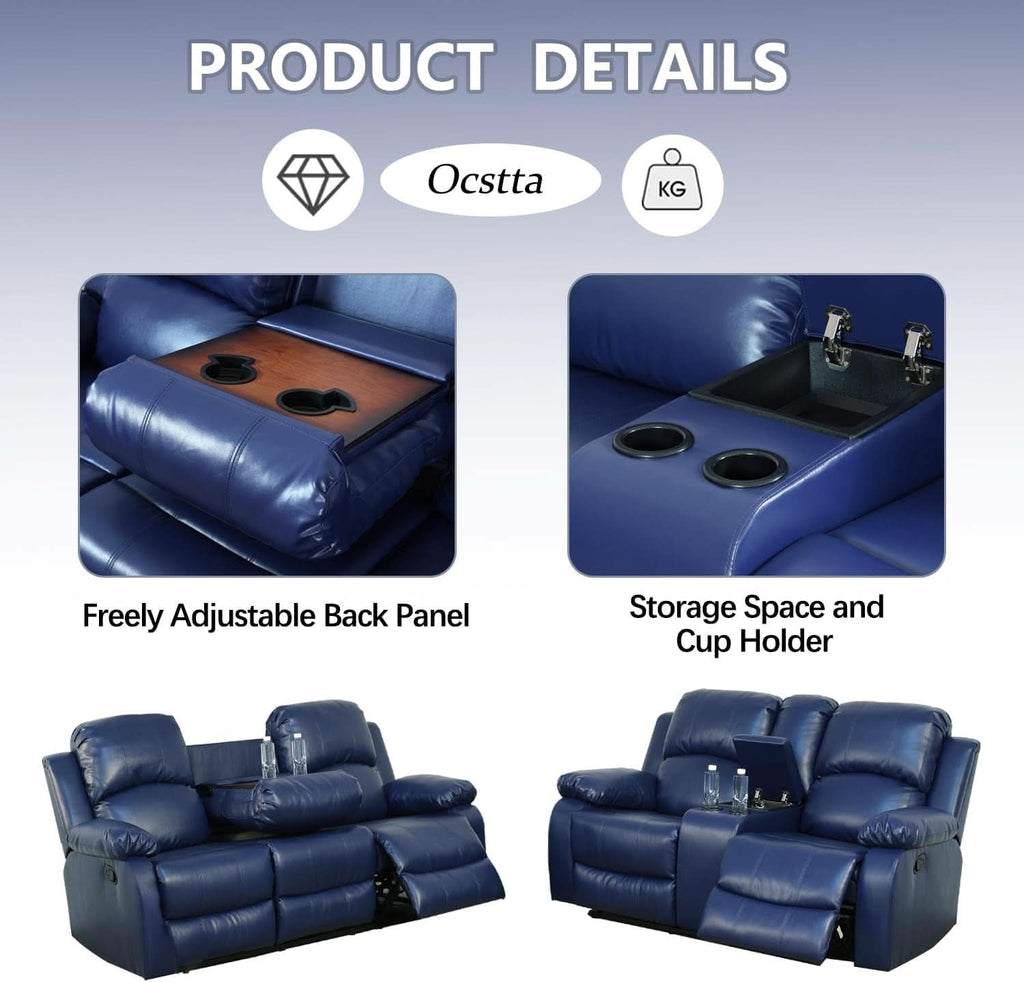 Manual Leather Recliner Sofa Set Blue Living Room Furniture