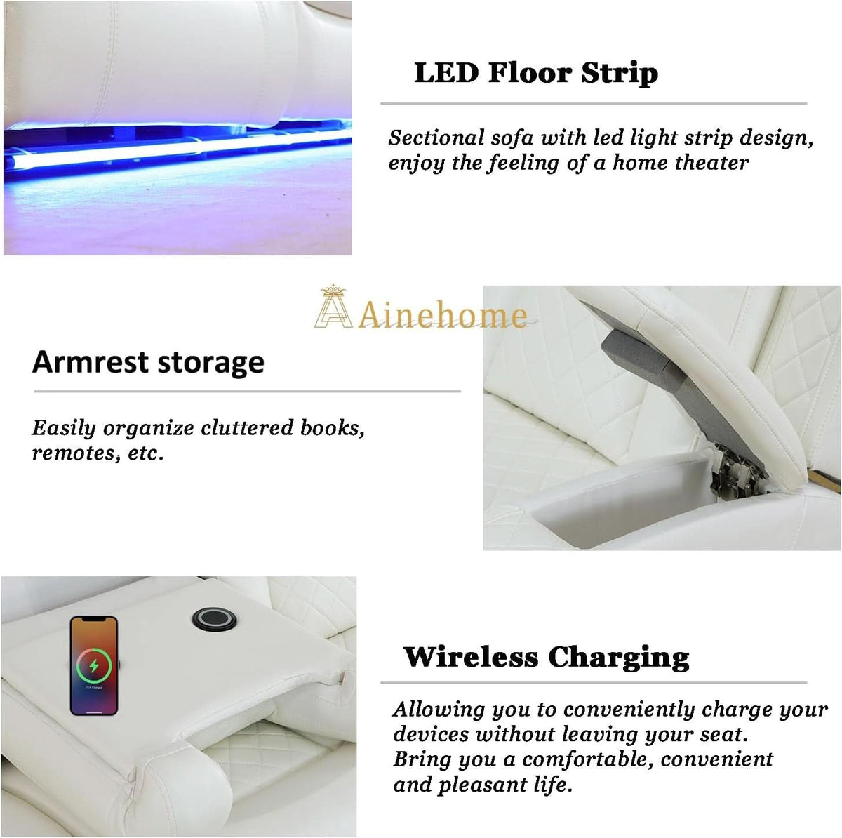 Power Recliner Sofa Set With Wireless Charging Creamy White