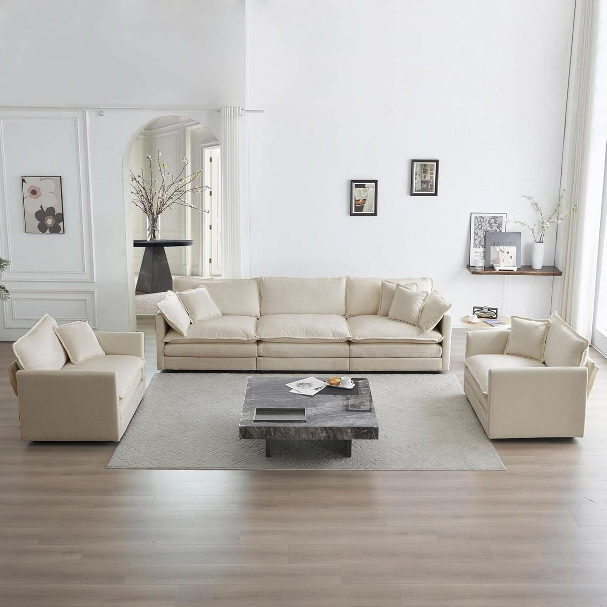 Light Coffee Chenille 3 Piece Sofa Set With Two Singles