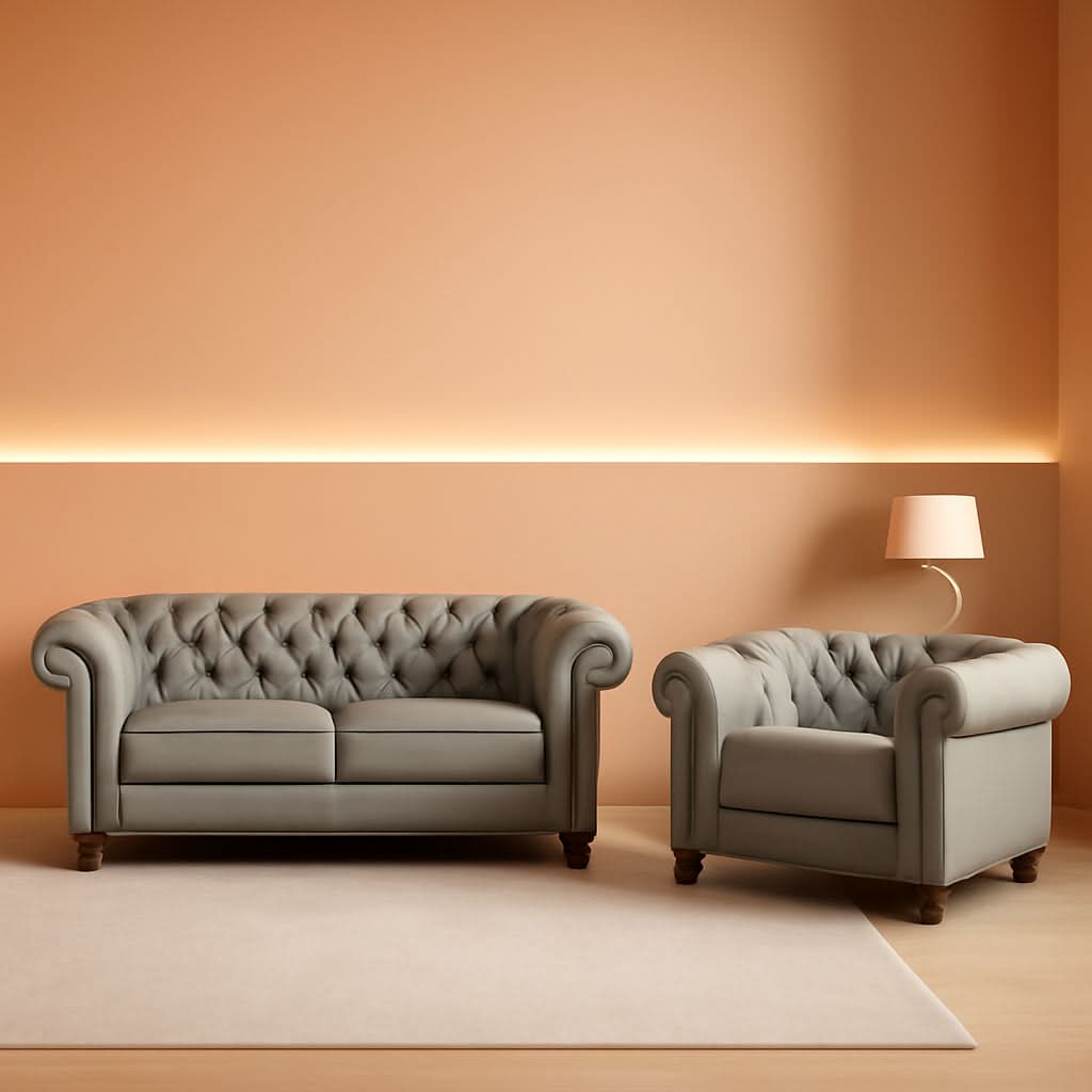 Grey Chesterfield Leather Living Room Set With Scroll Arms