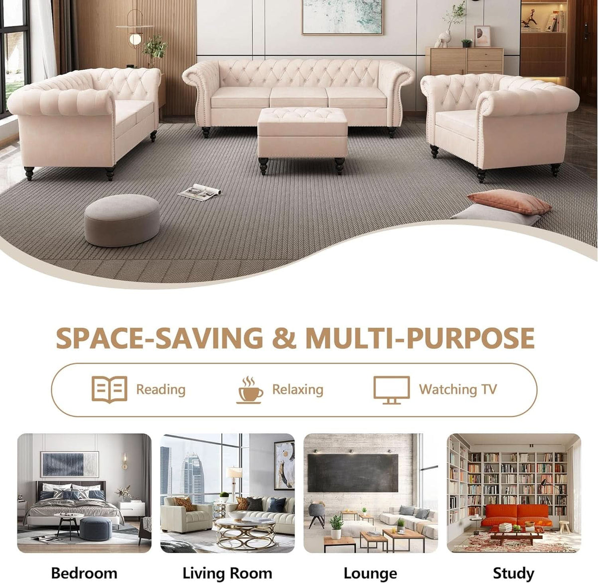 Beige Velvet 3 Piece Living Room Set With Chesterfield Sectional Sofa And Loveseat
