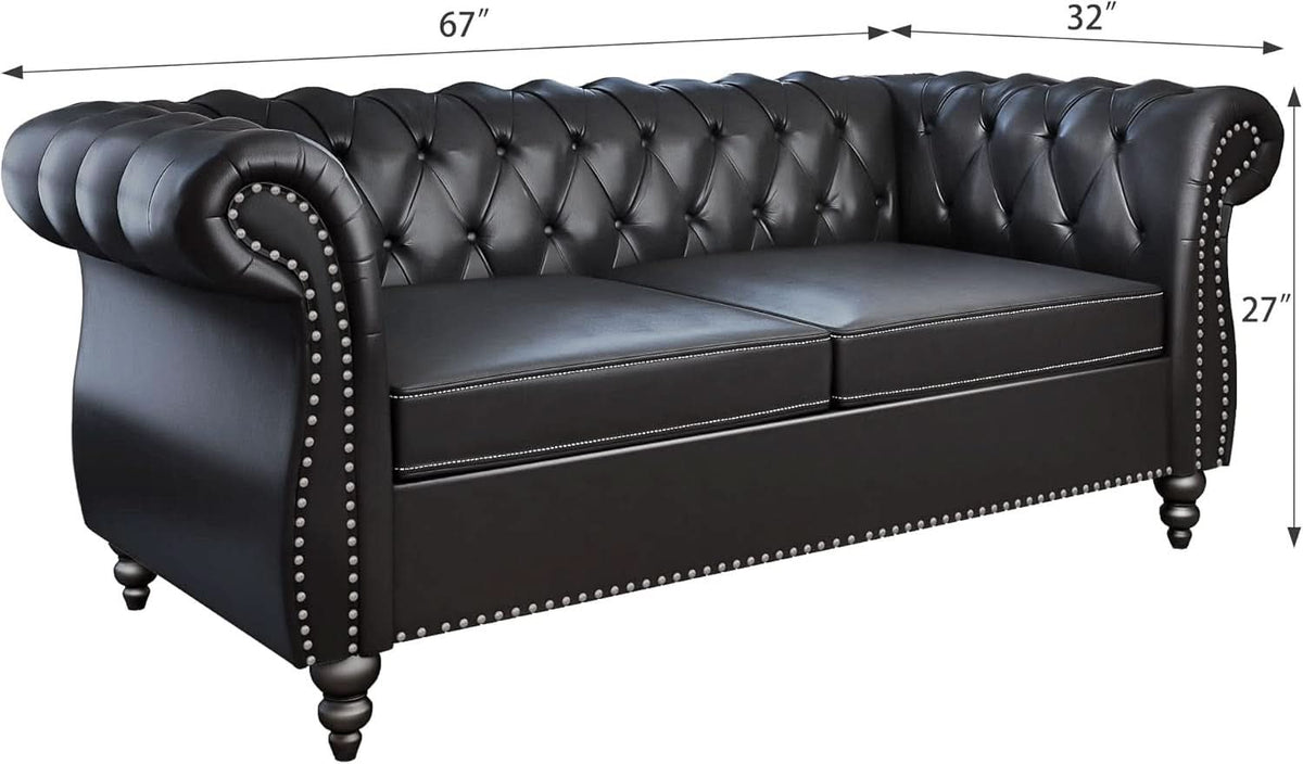 Two Piece Chesterfield Leather Living Room Set With Black Leather Loveseat And Chair