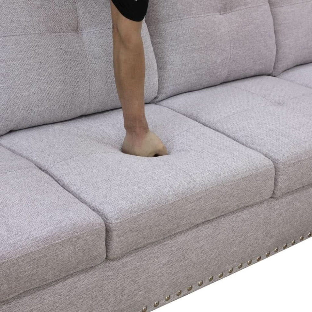 Grey White Flannel L Shaped Sectional Sofa With Ottoman
