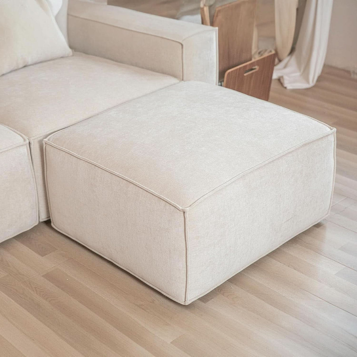 Modular Sectional Sofa Set Linen Cream With Ottoman And Chaise