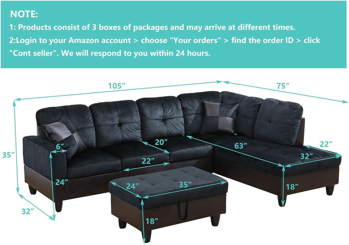 Midnight Blue 105 Inch L Shaped Sectional Sofa With Ottoman