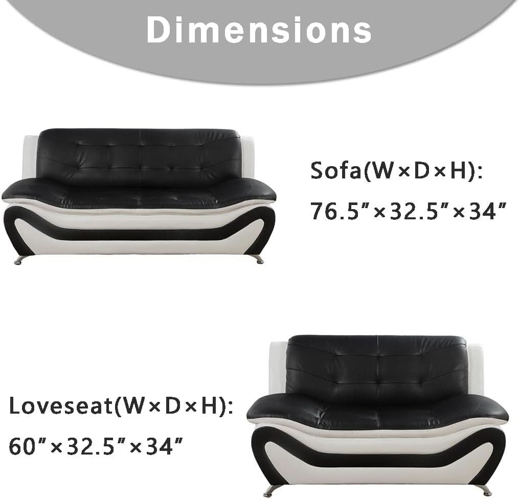Leather Sofa Set With Loveseat For Living Room Black White