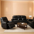 Manual Recliner Sofa Set Black Bonded Leather Cup Holders