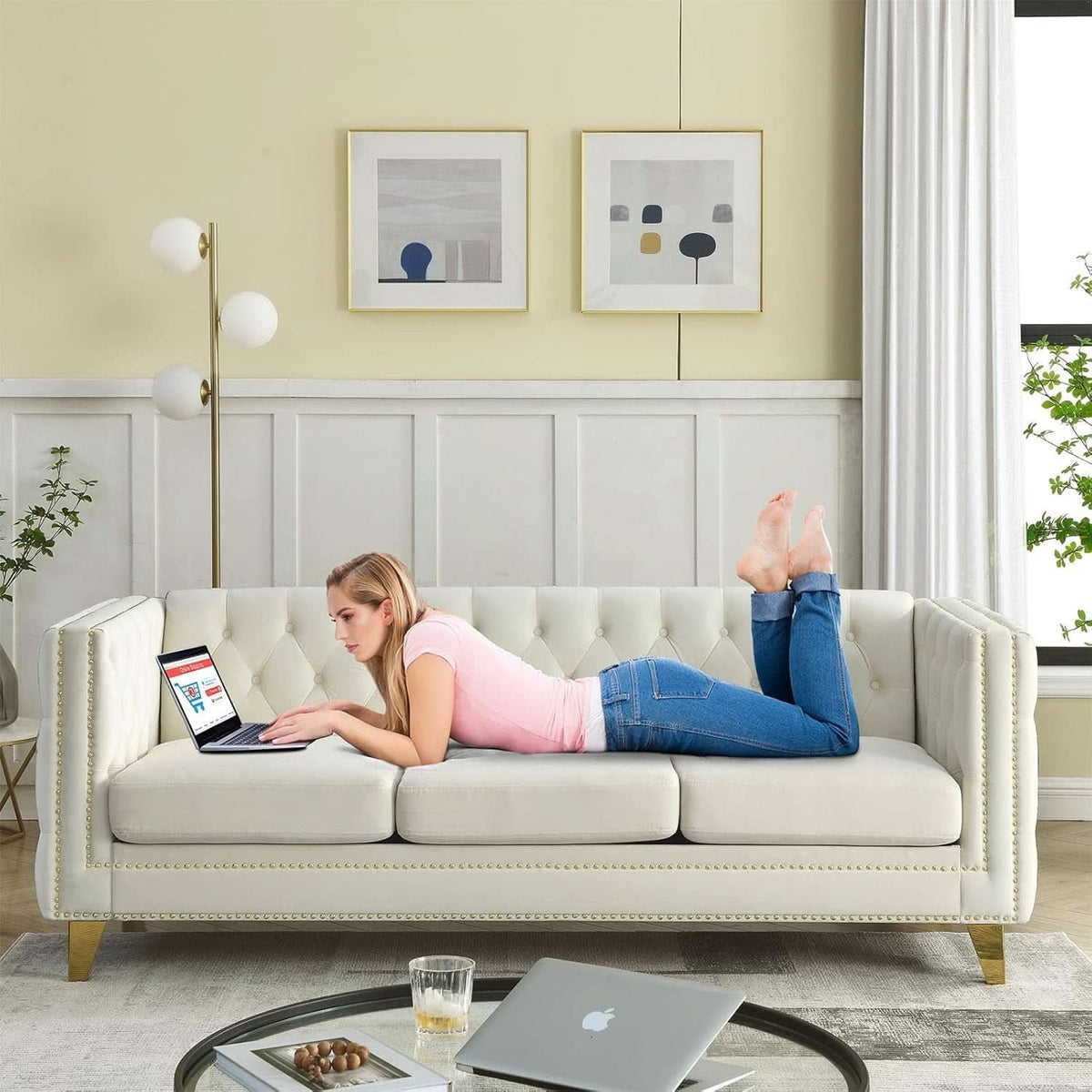 Velvet Beige 80-Inch Sofa Set With 58-Inch Loveseat And Gold Nail Heads