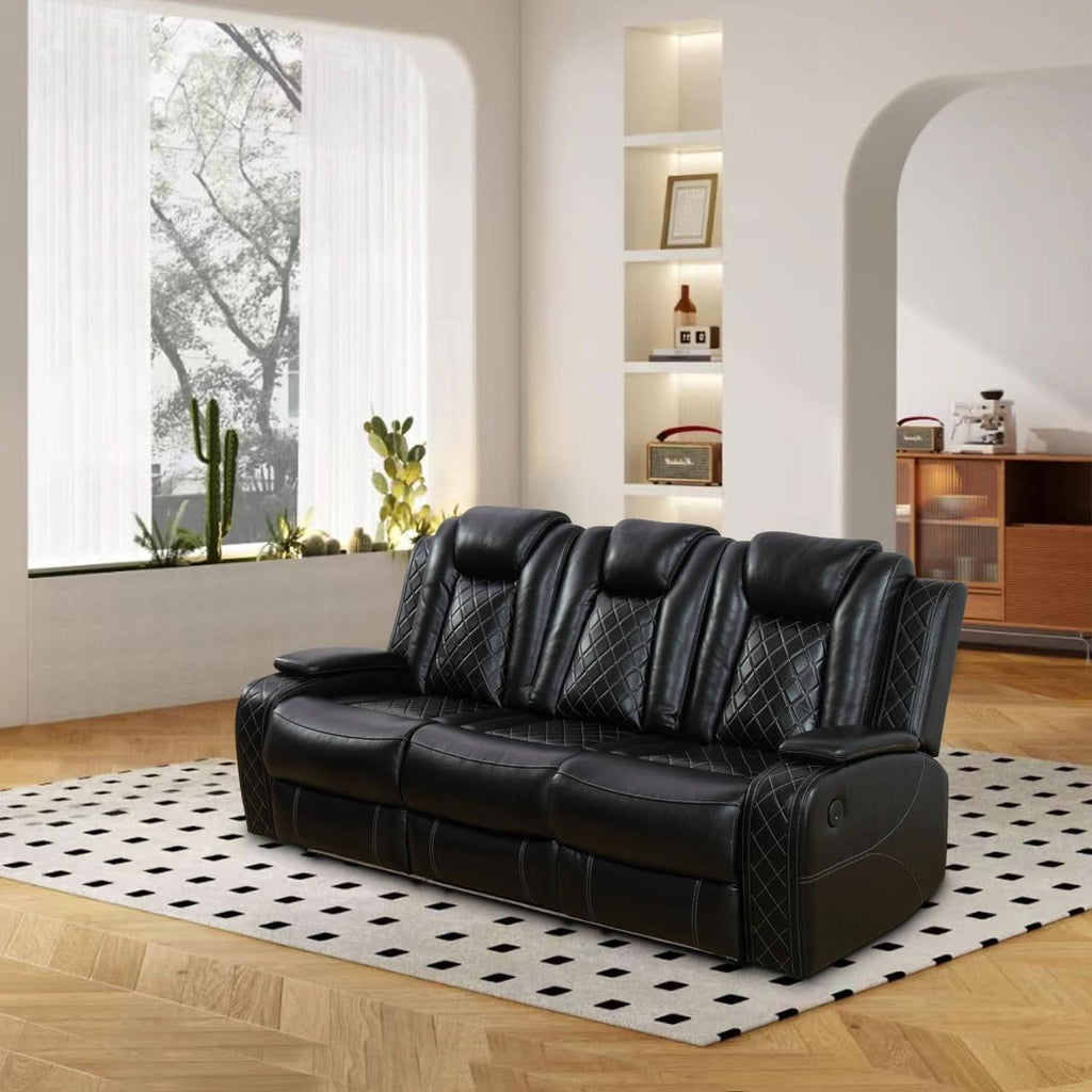 Power Reclining Leather Sofa Set With USB Ports Black