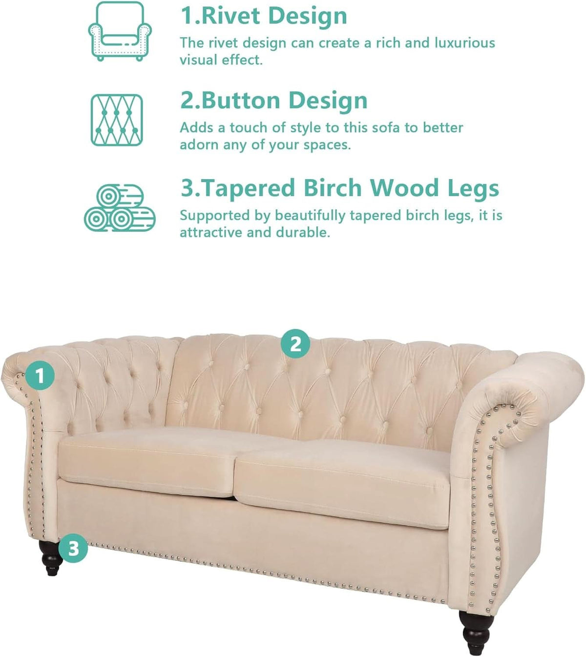 Beige Velvet 3 Piece Living Room Set With Chesterfield Sectional Sofa And Loveseat