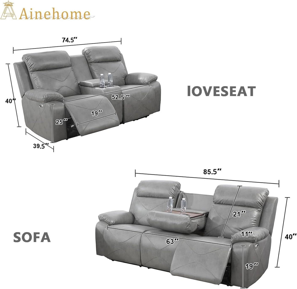 Power Leather Recliner Sofa Set, 2 Piece With LED Lights And USB Ports, Grey