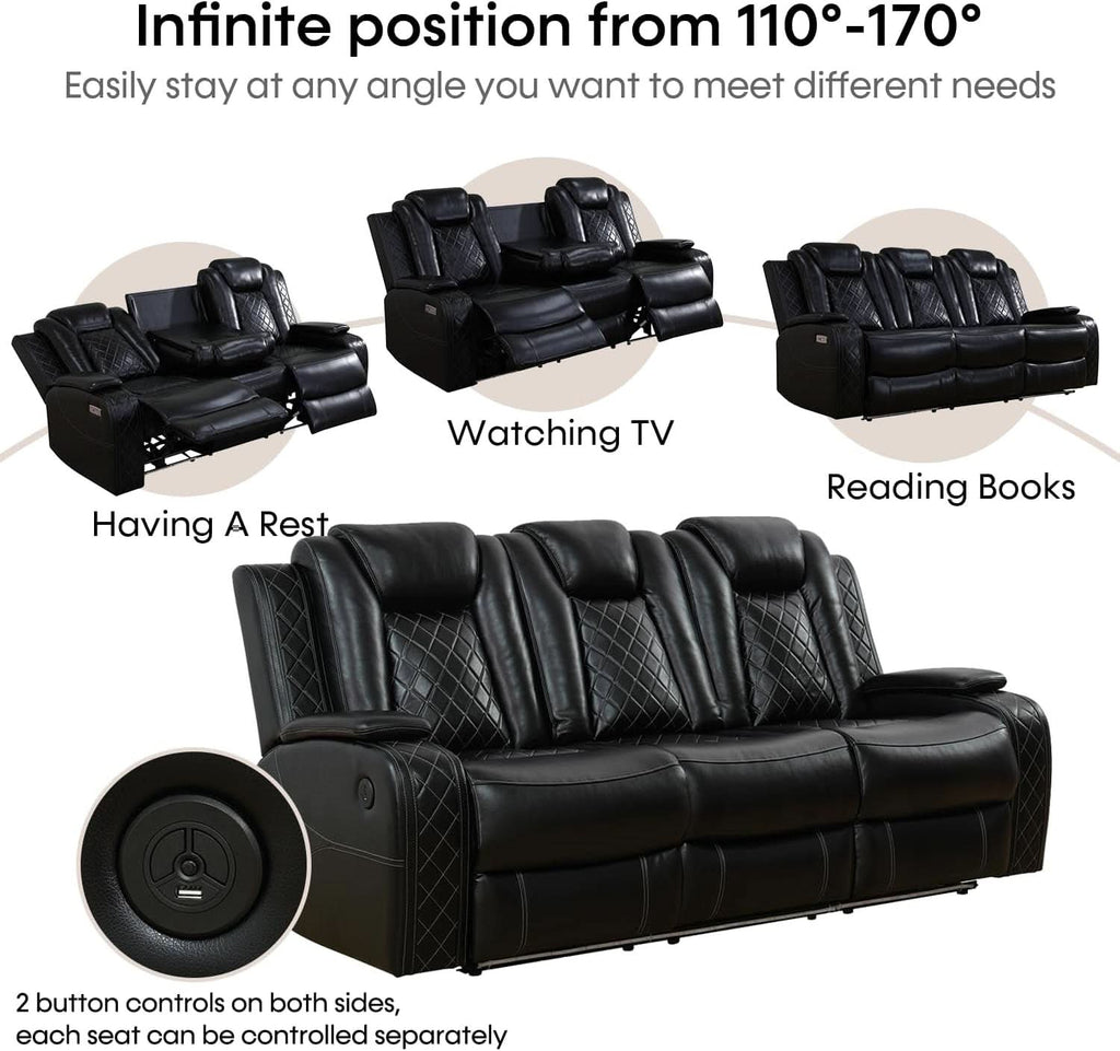 Black Leather Power Recliner Sofa Set With USB Ports
