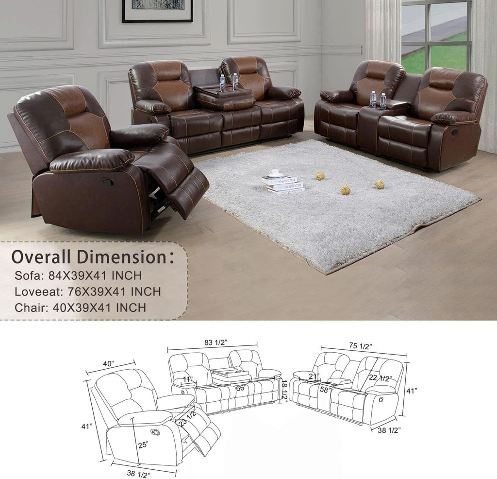 Manual Recliner Sofa Set Bonded Leather With Storage Console Brown 3 Piece