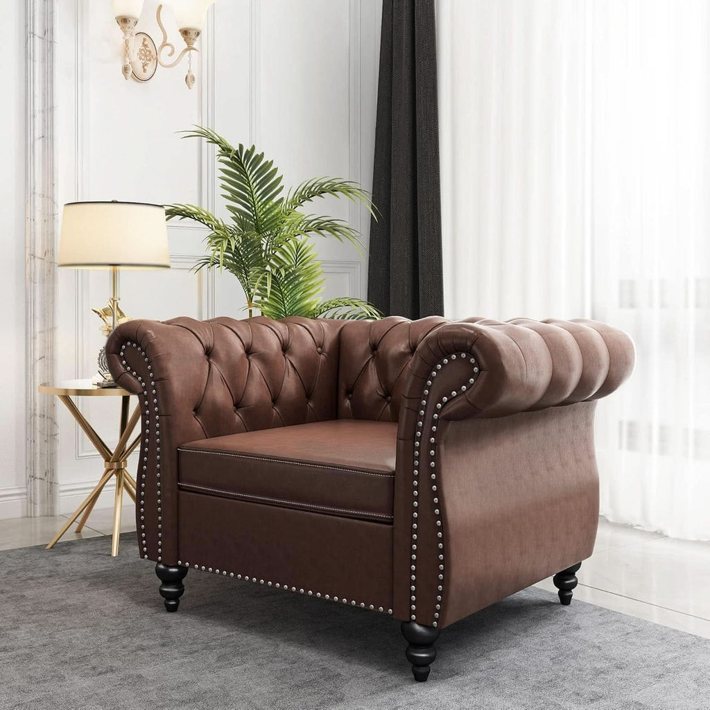 3 Piece Chesterfield Leather Living Room Set Sofa Loveseat Chair Dark Brown with Scroll Arms and Nailhead