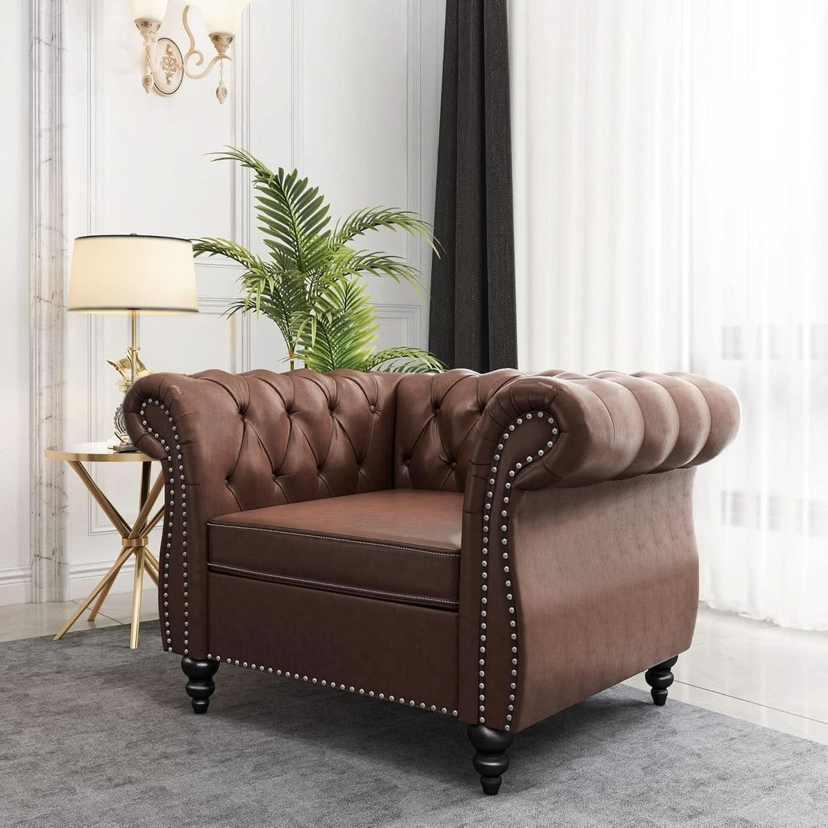 3 Piece Chesterfield Leather Living Room Set Sofa Loveseat Chair Dark Brown with Scroll Arms and Nailhead