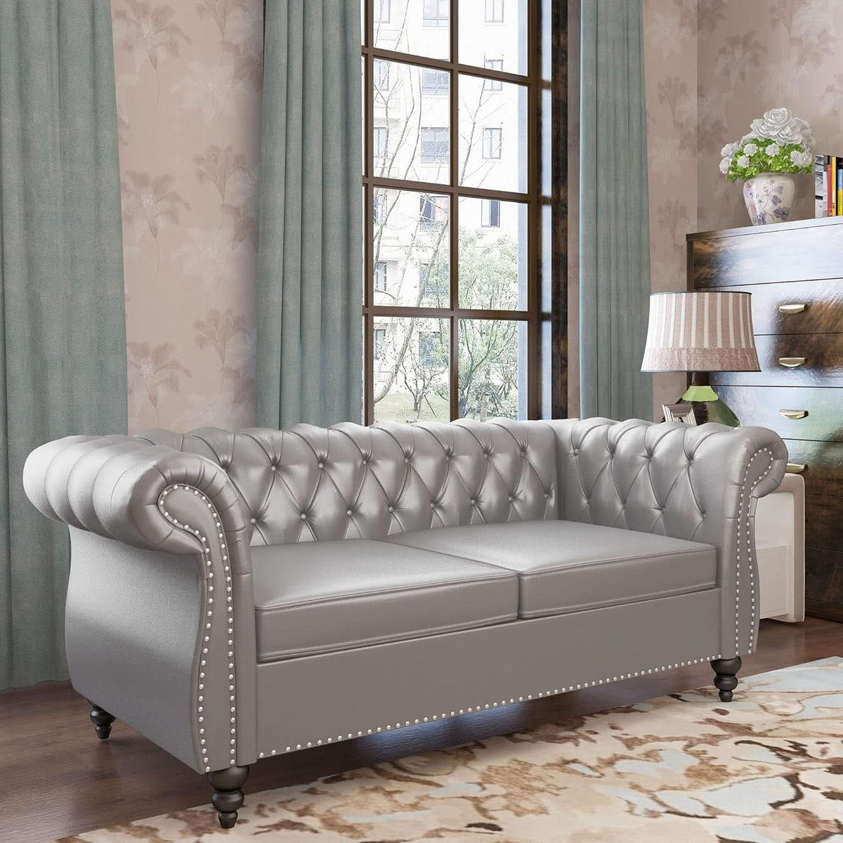 Grey Chesterfield Leather Living Room Set With Scroll Arms