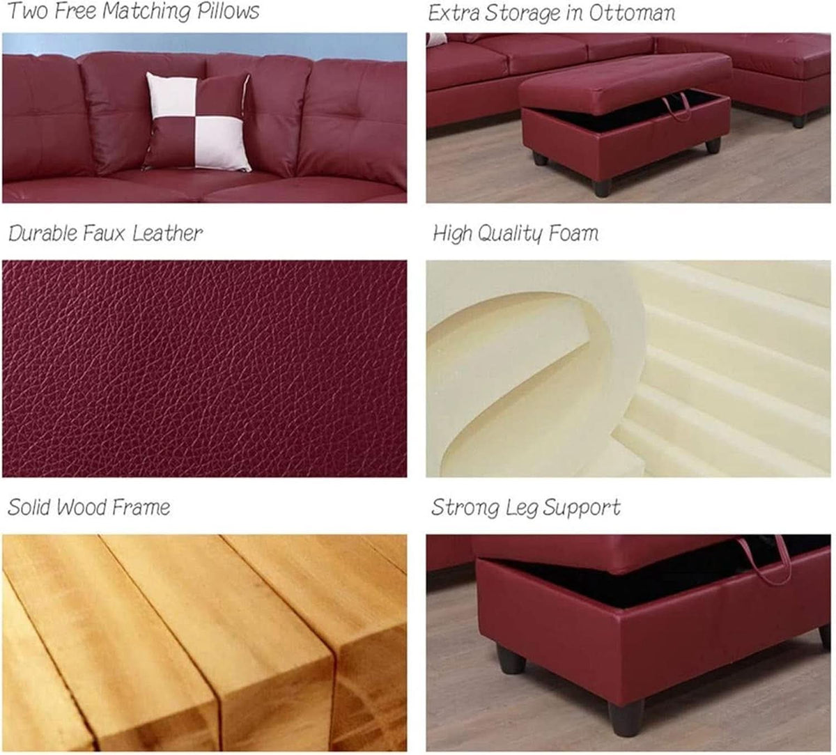 Sectional Sofa Faux Leather L Shaped 103.5 Inch Wide Red
