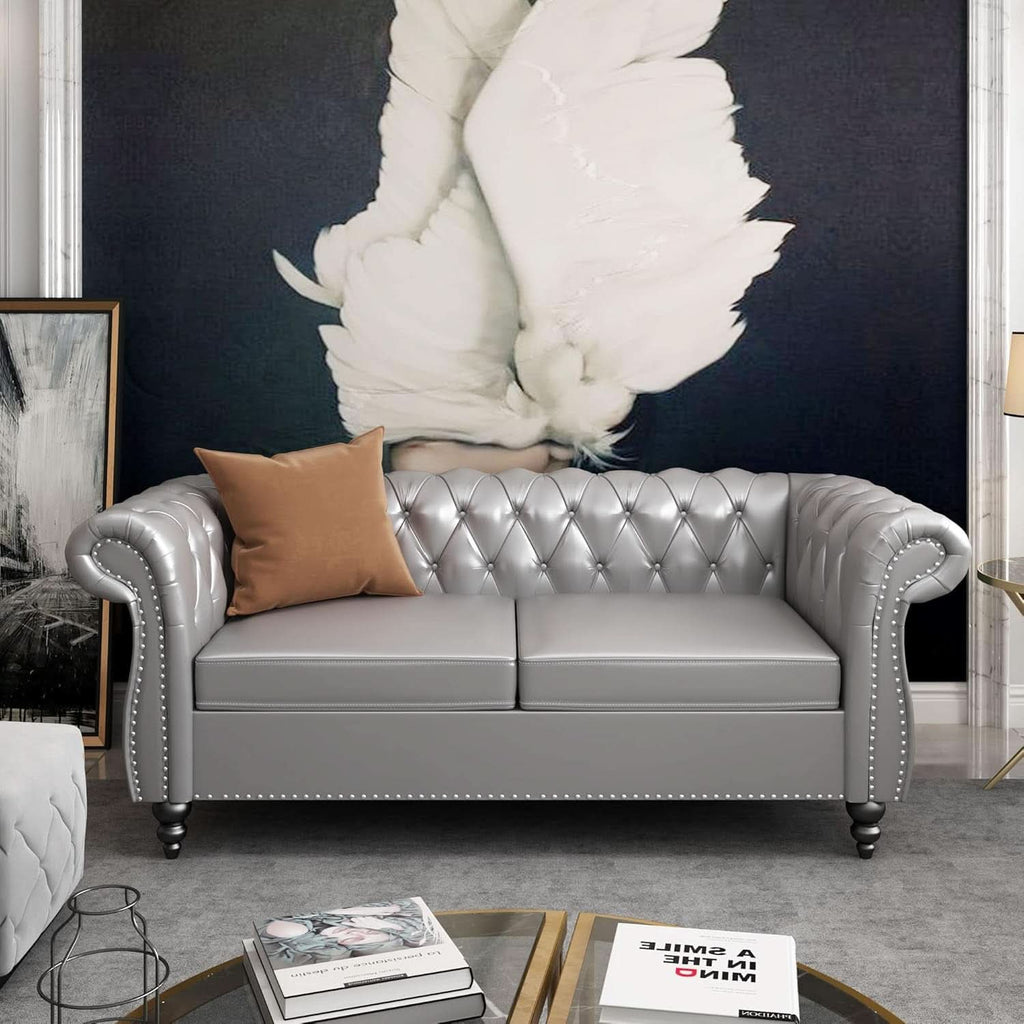 Grey Chesterfield Leather Living Room Set With Scroll Arms