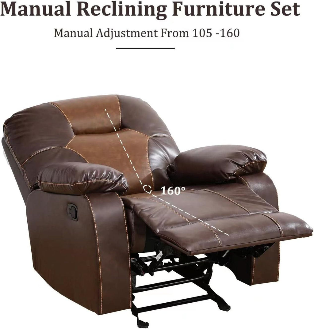 Manual Recliner Sofa Set Bonded Leather With Storage Console Brown 3 Piece