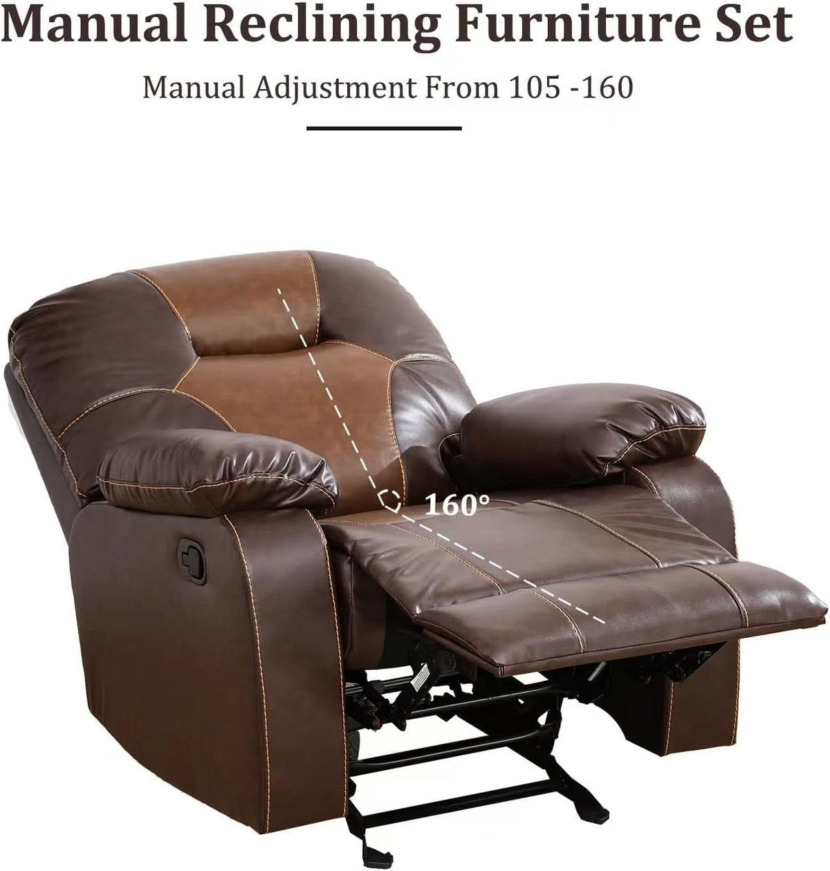 Manual Recliner Sofa Set Bonded Leather With Storage Console Brown 3 Piece