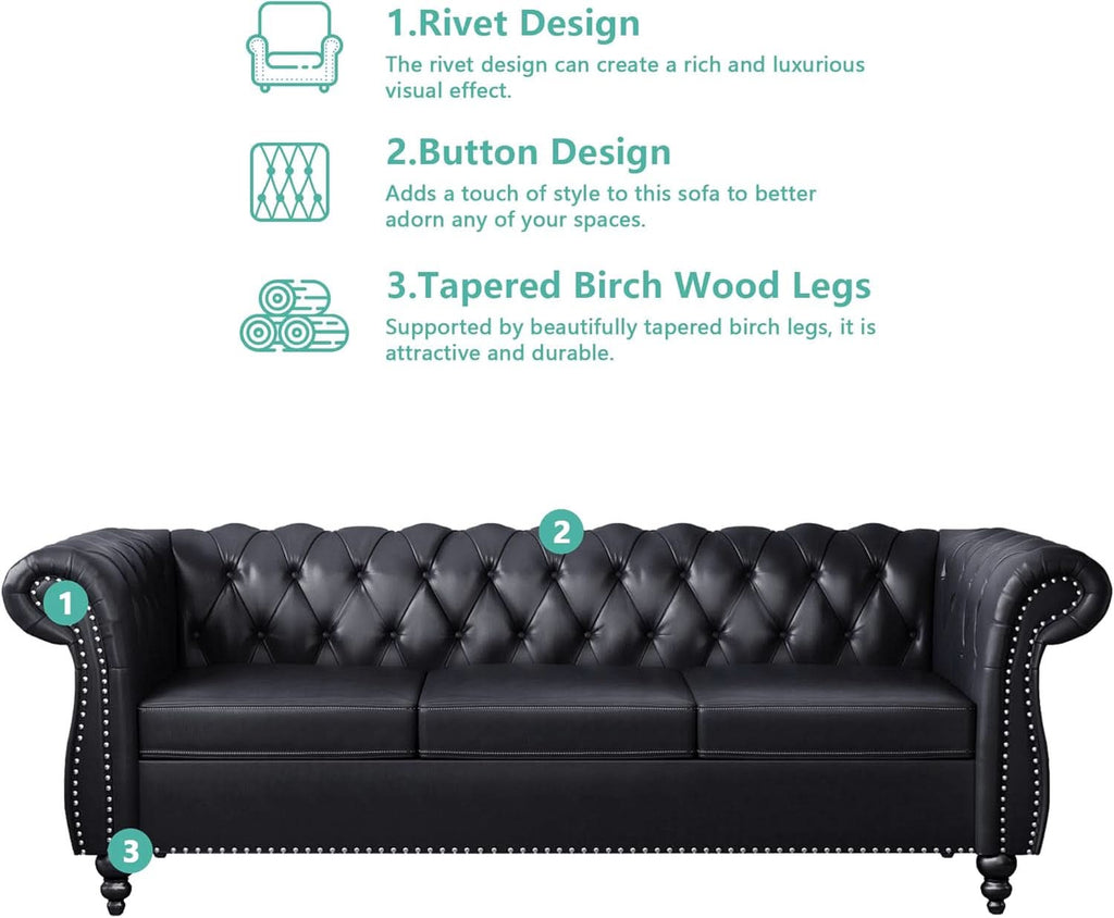 3 Piece Living Room Set Sectional Chesterfield Sofa Chair Artificial Leather Black