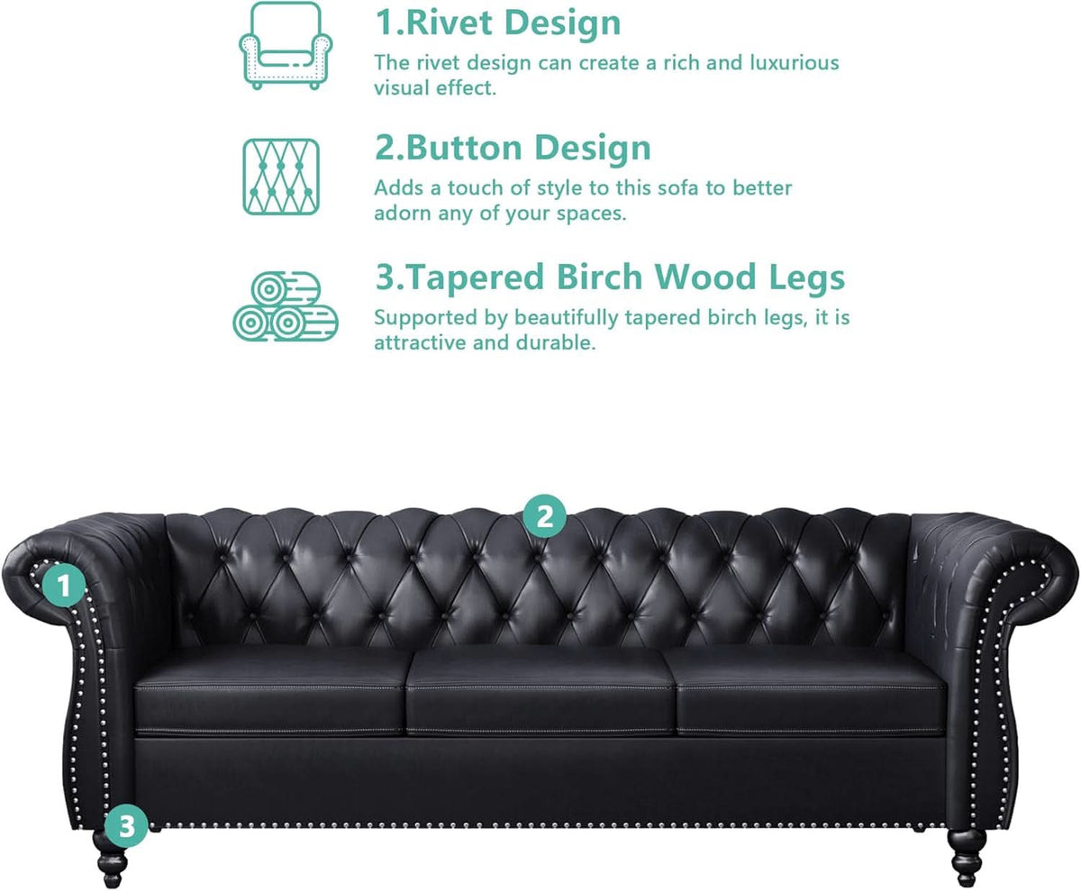 3 Piece Living Room Set Sectional Chesterfield Sofa Chair Artificial Leather Black