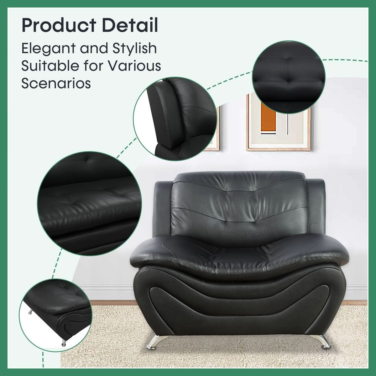 Leather Sofa Set 3 Piece With Loveseat And Armchair For Living Room Black