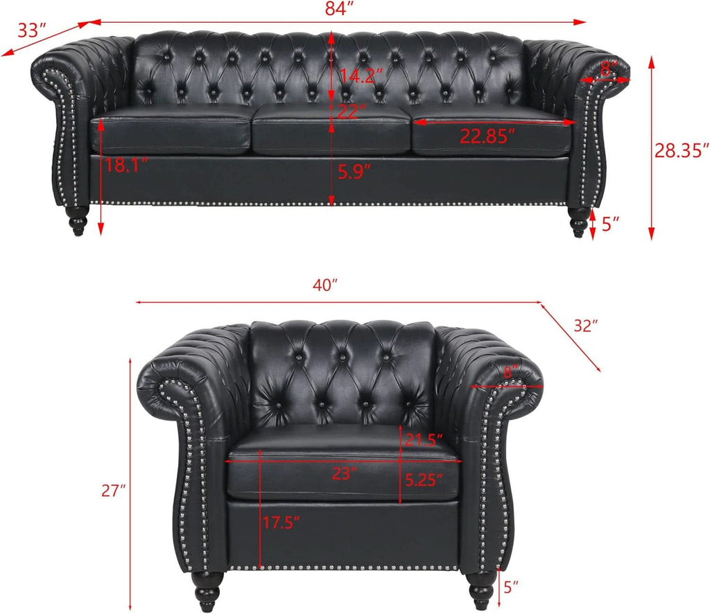 Modern Black Faux Leather Tufted Sofa and Chair Set
