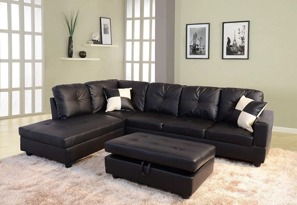 Faux Leather Sectional Sofa With Chaise Black For Living