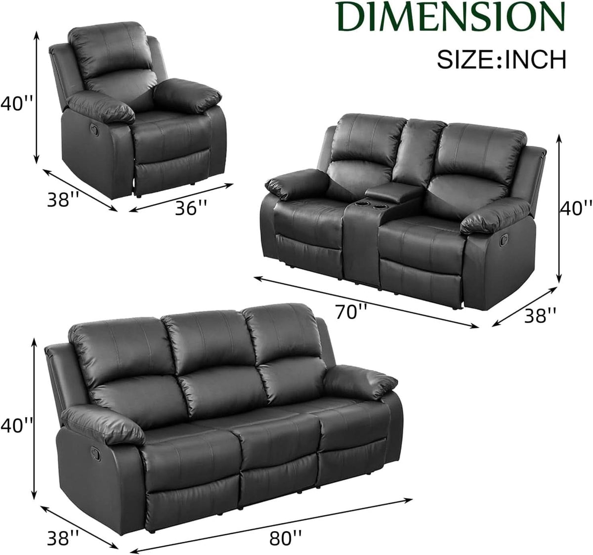 Black Recliner Sofa Set For Living Room Theater Seating