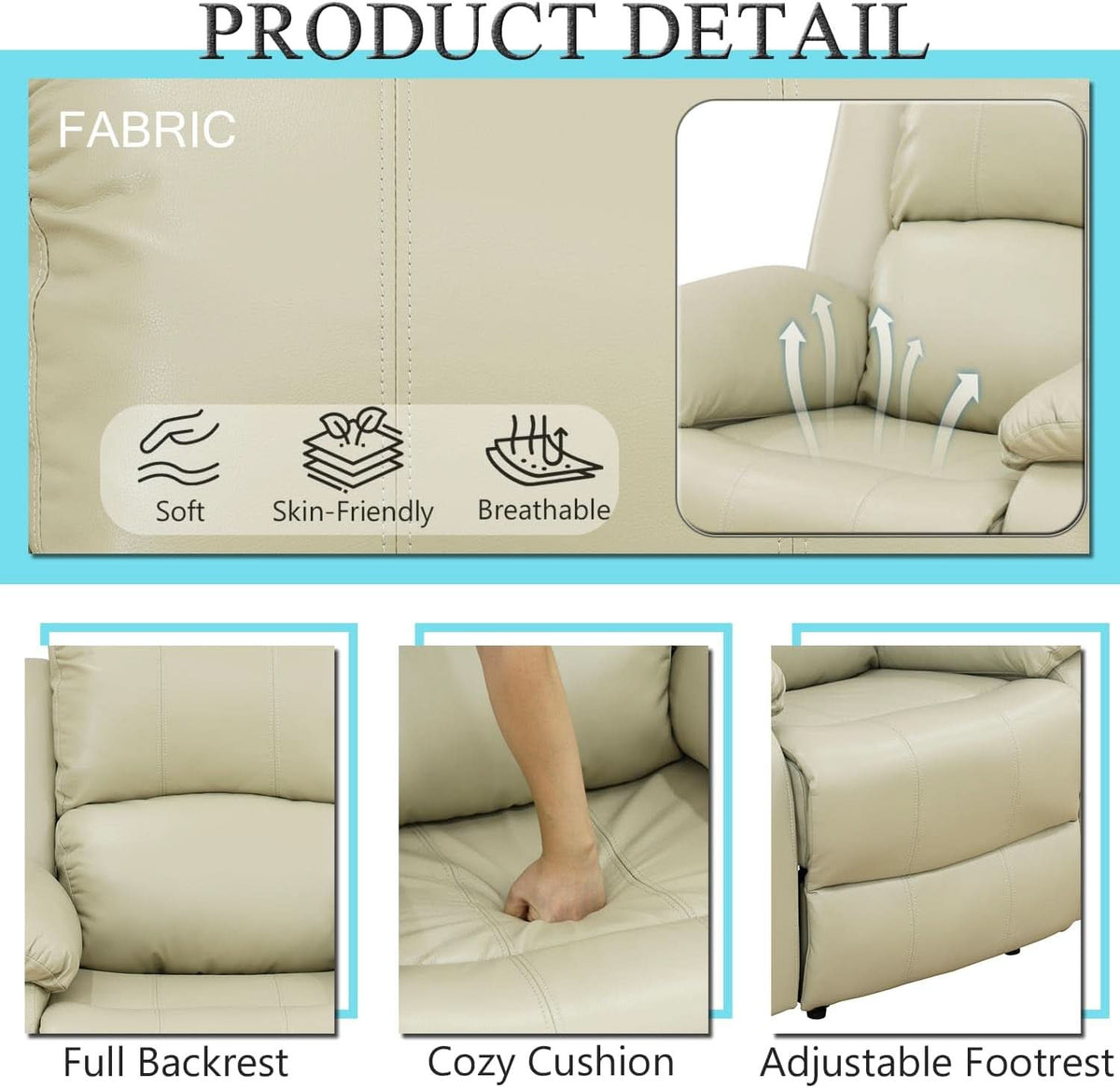 Beige Leather Recliner Sofa Set With Storage And Cup Holder