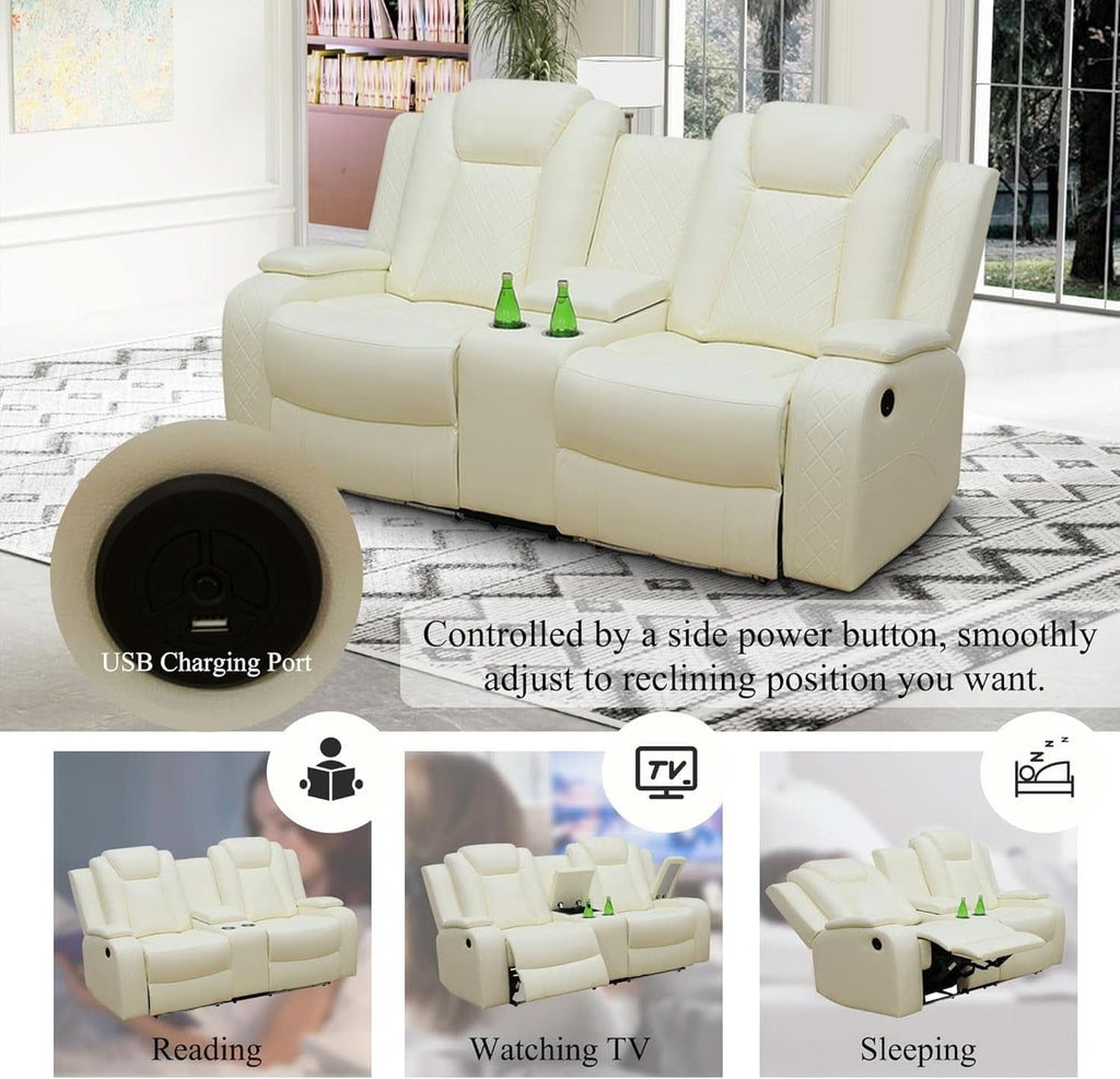 Leather Power Recliner Sofa Set Cream White With USB Port