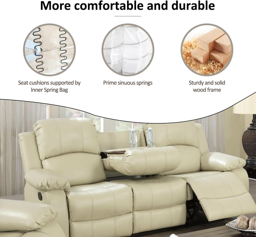 Beige Leather Recliner Sofa Set With Built In Coffee Table