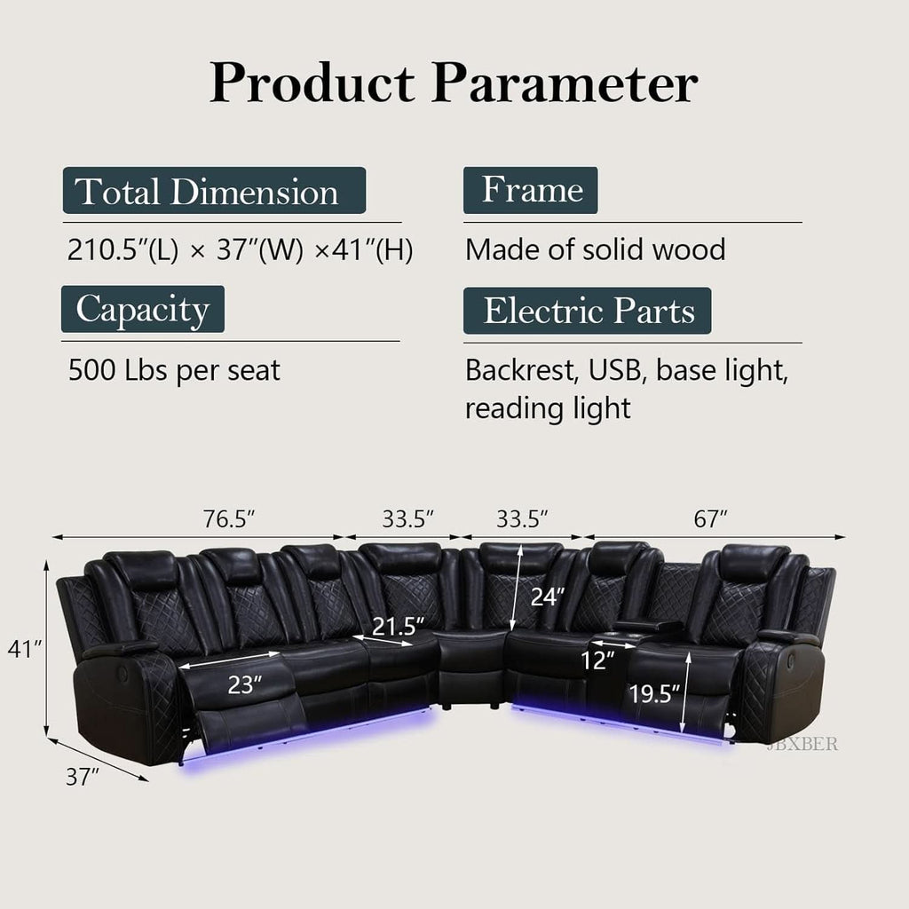Power Recliner Sectional Sofa Set In Black With Led Lights