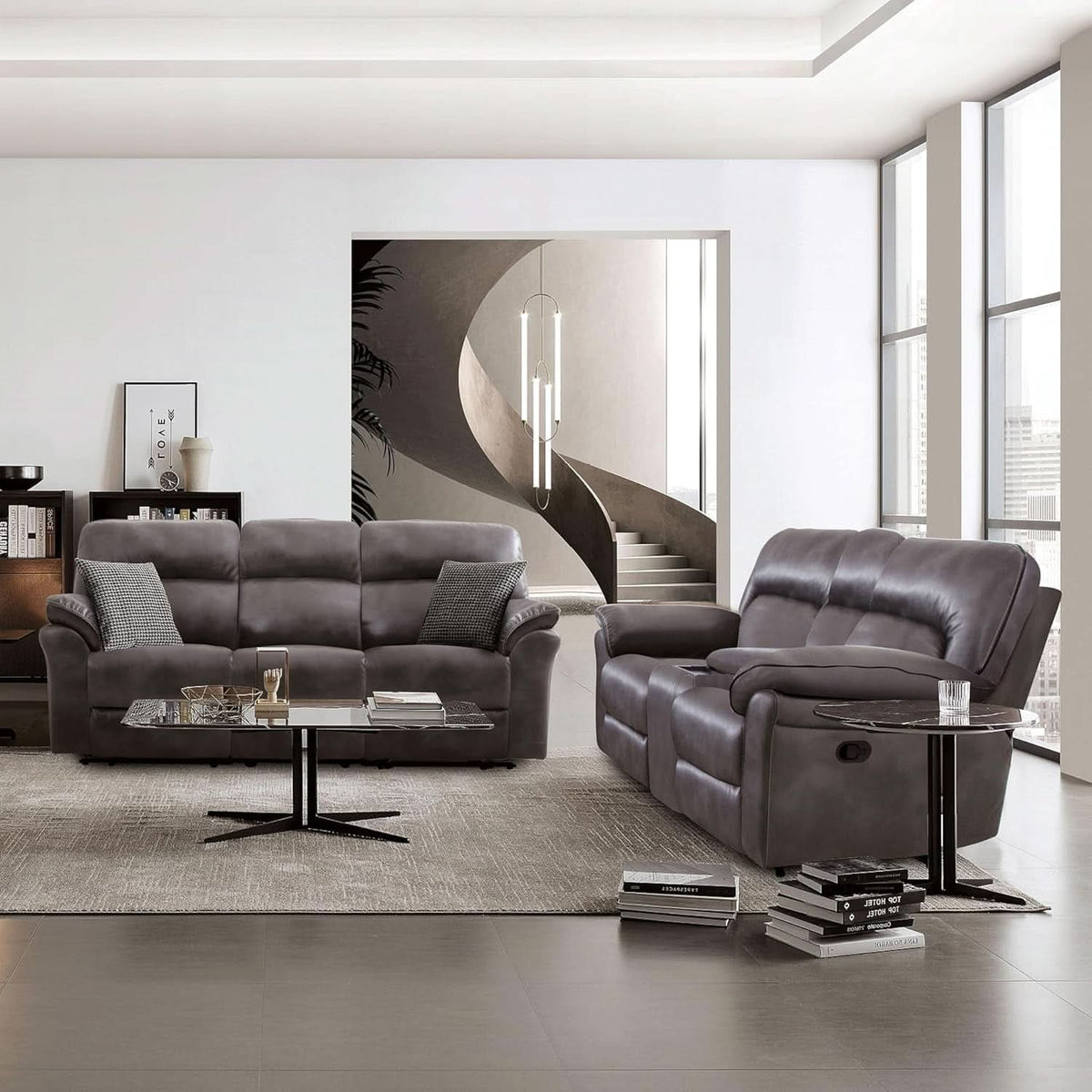 Lerona Dark Gray Faux Leather 2 Piece Recliner Sofa Set