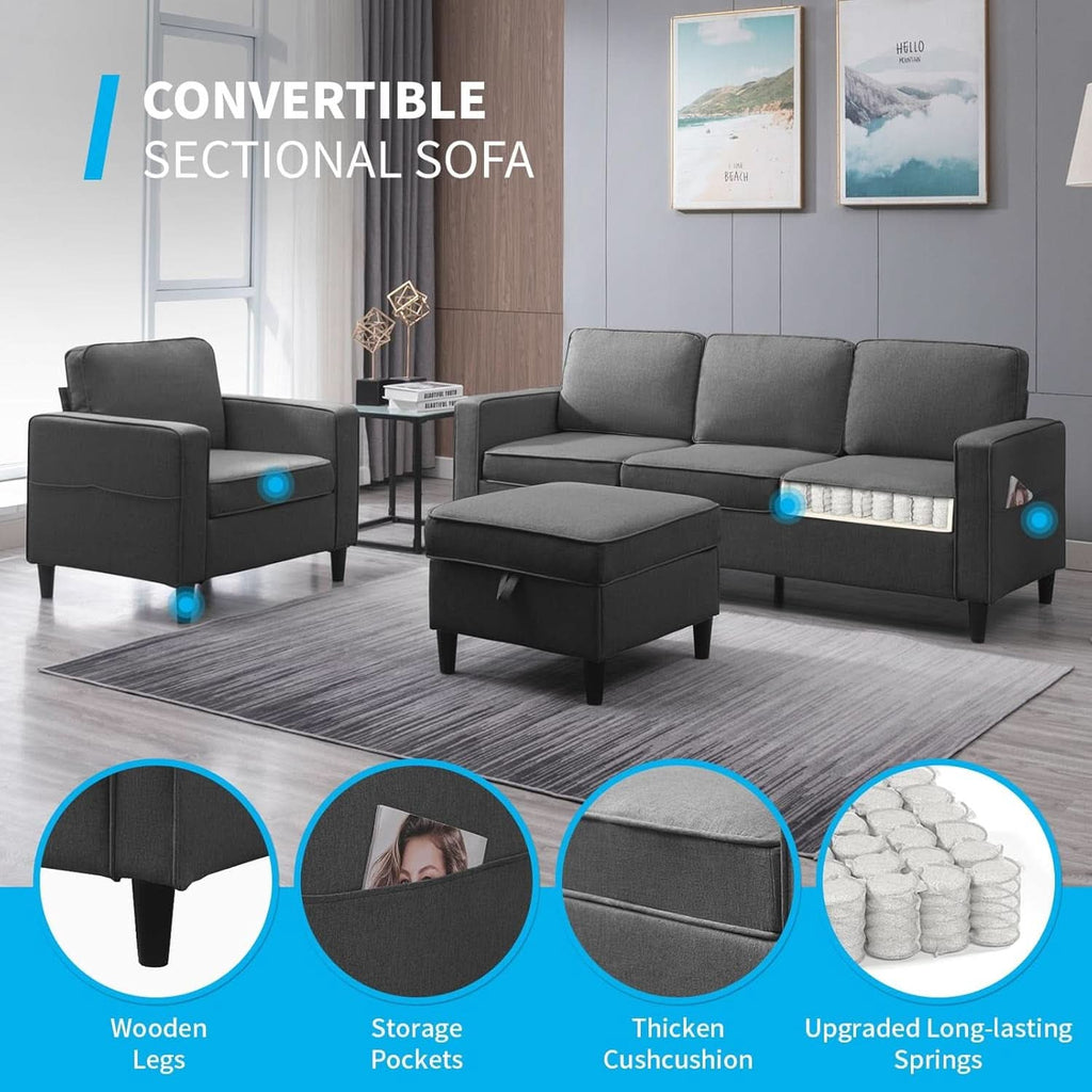 3 Piece Convertible Sofa Set With Linen Upholstery And Storage Ottoman Dark Grey