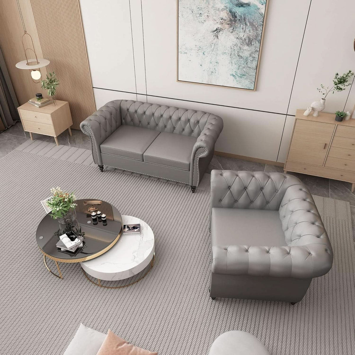 Grey Chesterfield Leather Living Room Set With Scroll Arms