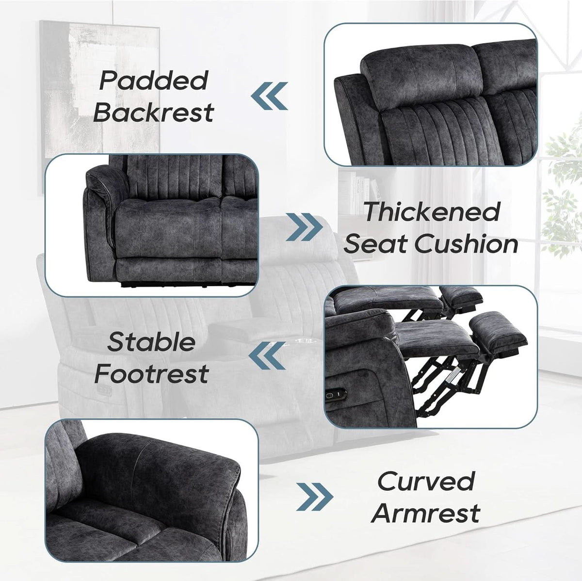 Grey Zero Gravity Reclining Sofa Set With Adjustable Headrest