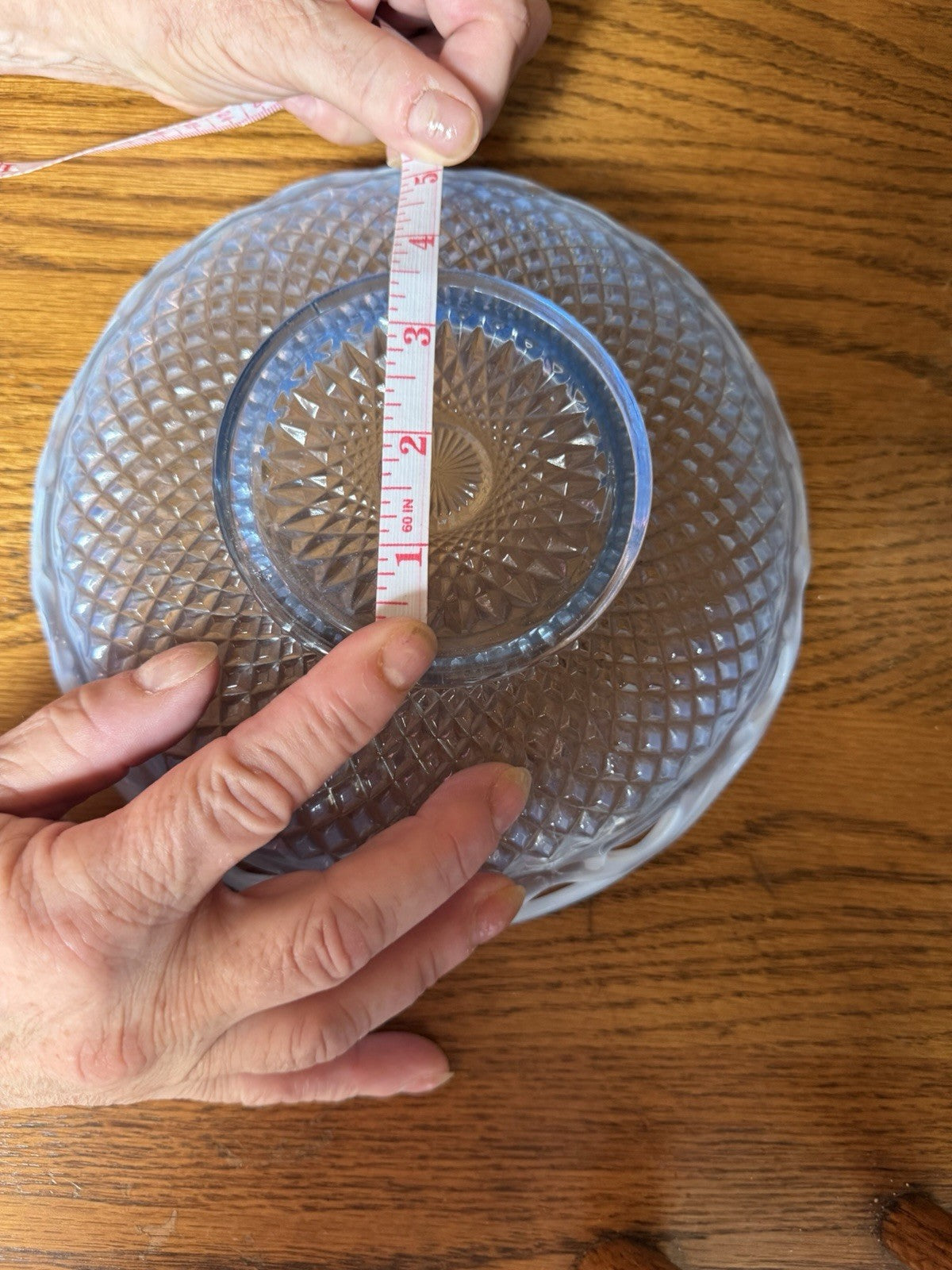Vintage Imperial Glass Katy Blue Opalescent Lace Edge Bowl Cane Button 6.25”