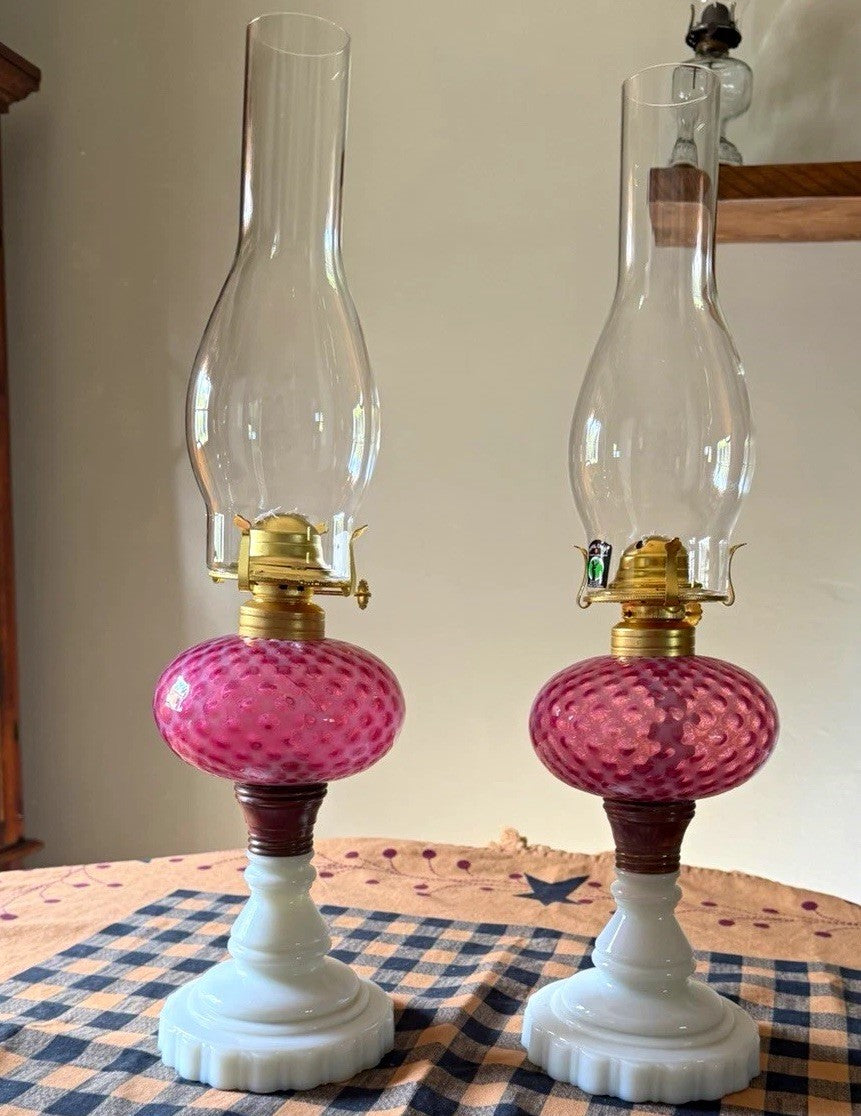 Pair L.G. Wright Fenton Cranberry Opalescent Honeycomb Oil Lamps Milk Glass
