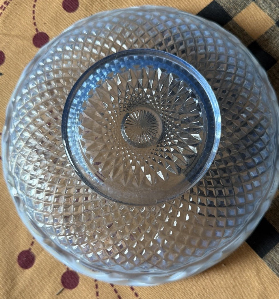 Vintage Imperial Glass Katy Blue Opalescent Lace Edge Bowl Cane Button 6.25”