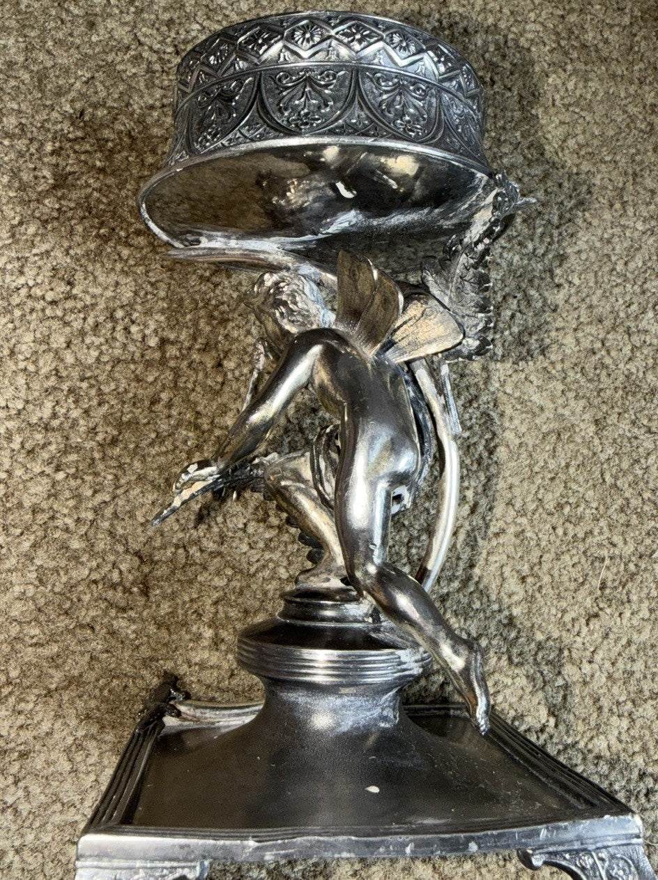 RARE VICTORIAN DERBY SILVER WINGED PUTTI CENTERPIECE GLASS BOWL SILVERPLATE