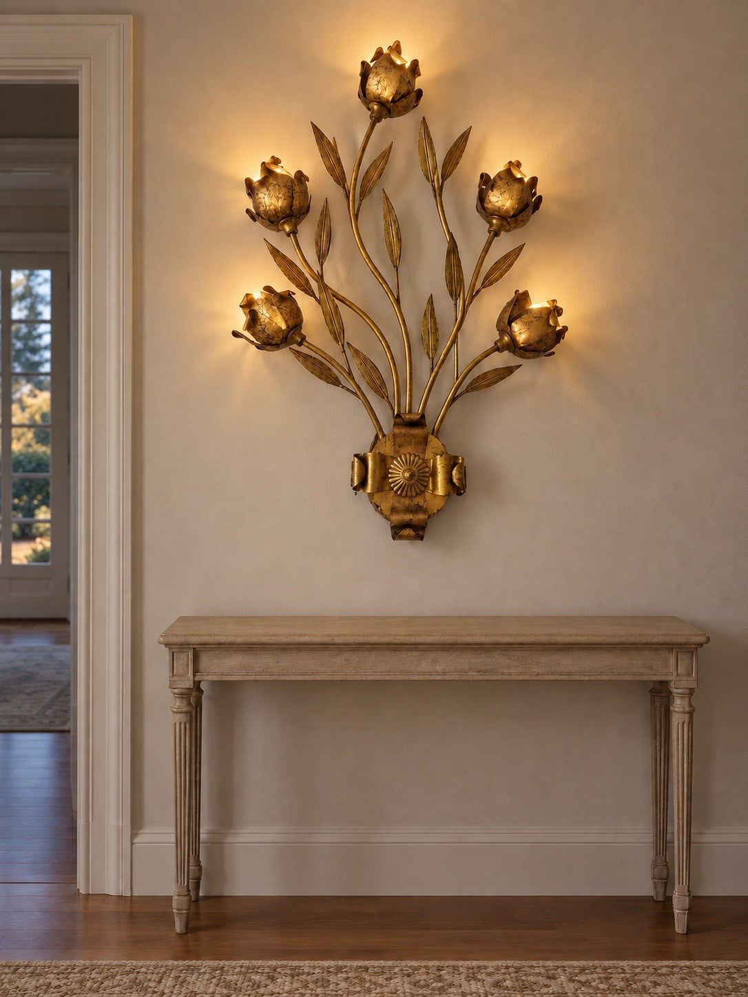 Rare  Hans Kogl Gold Leaf and Tulips Wall Sconce 1970's Hollywood Regency